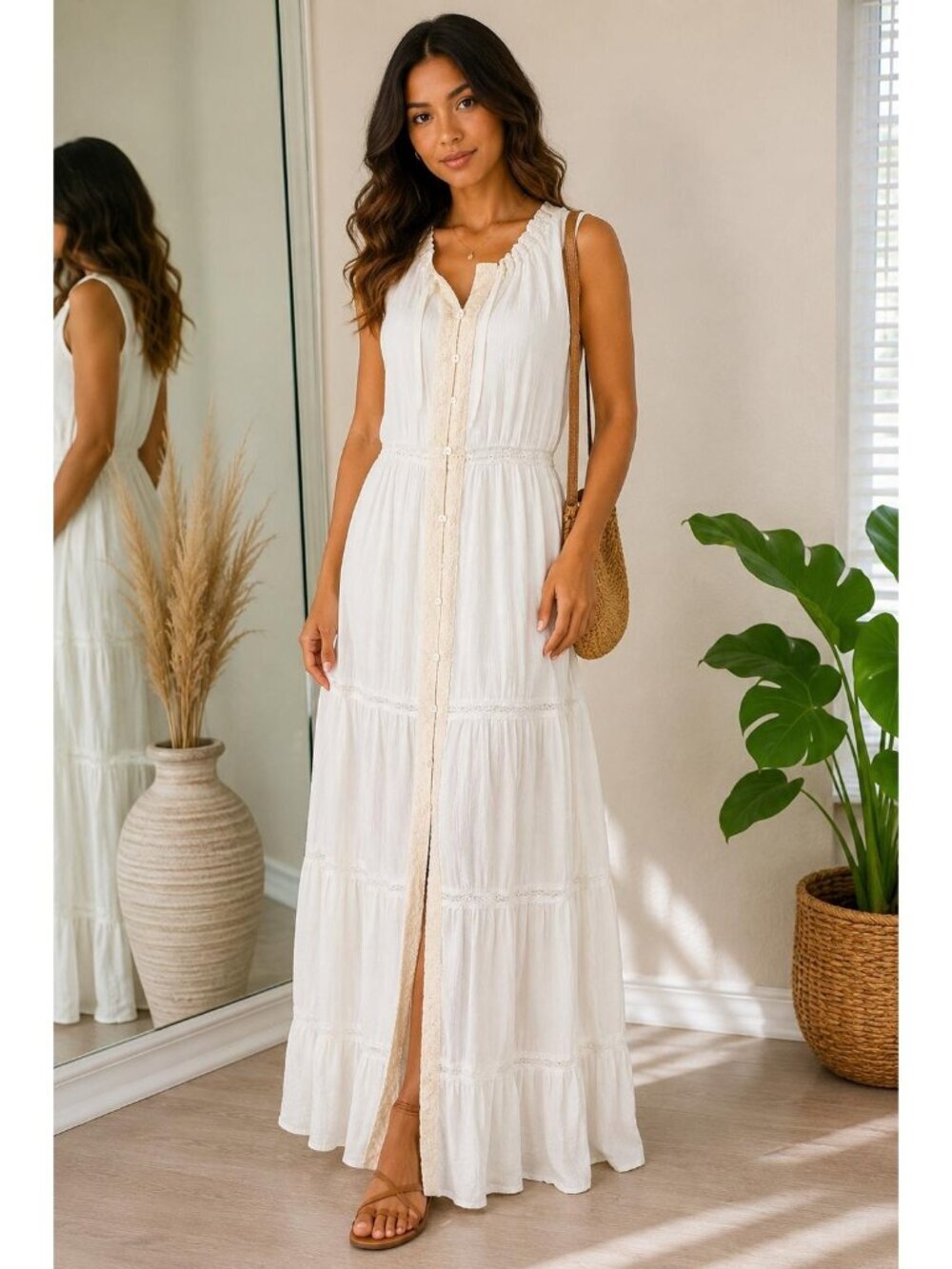A.Peach White Boho Maxi Dress Womens Large Lace Button Front